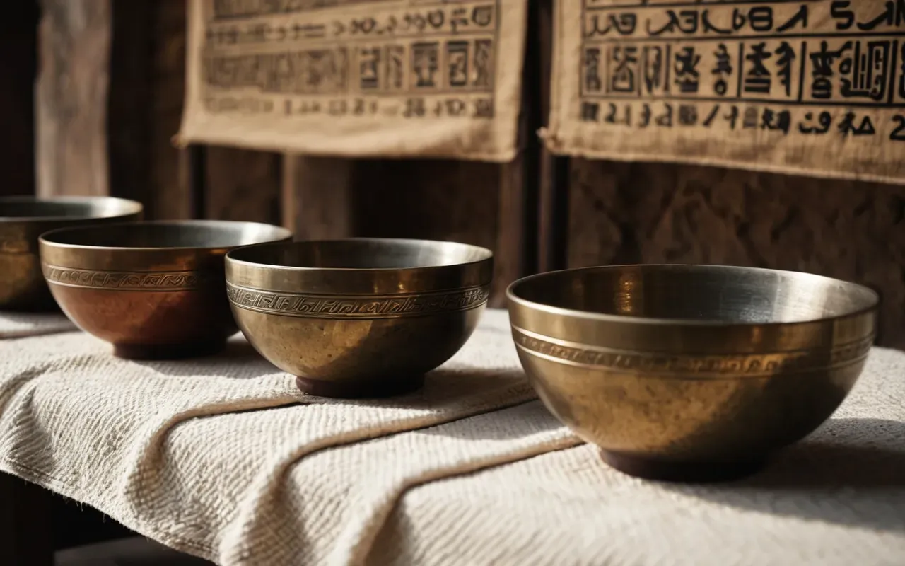 A close-up of smooth singing bowls resting on a soft textured cloth. Soft ambient light creates gentle shadows and highlights the reflective metallic surface. The setting feels tranquil and clean with no clutter or text visible.
