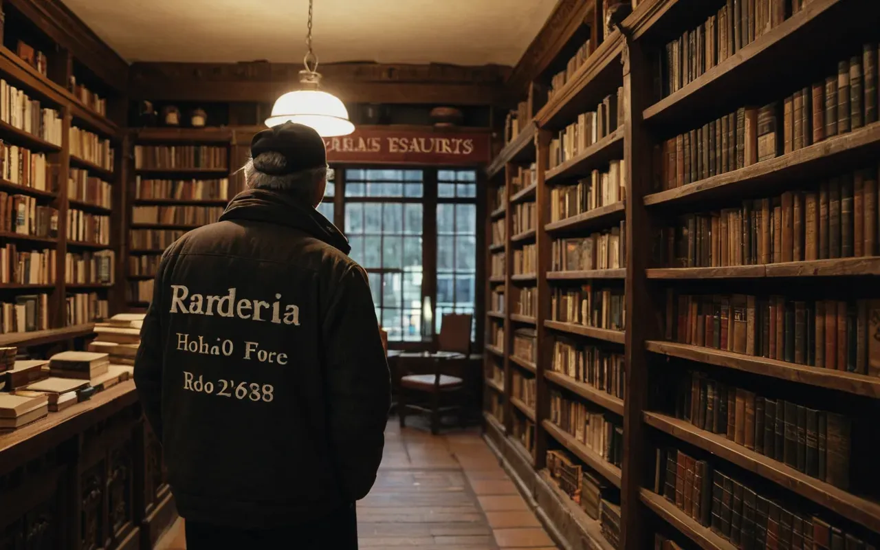 sahaf dükkanı A cozy, dimly lit bookstore interior with wooden shelves filled with old books. A person with their back to the camera is standing near a reading stand, holding an open book. Warm lighting, dust particles in the air, neutral modern clothing, peaceful atmosphere, photorealistic style.