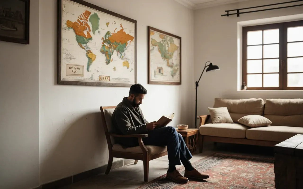 A minimalist living room interior with neutral furniture and soft natural lighting. A person sits quietly in a corner chair reading a book while sunlight casts gentle shadows on the clean floor.