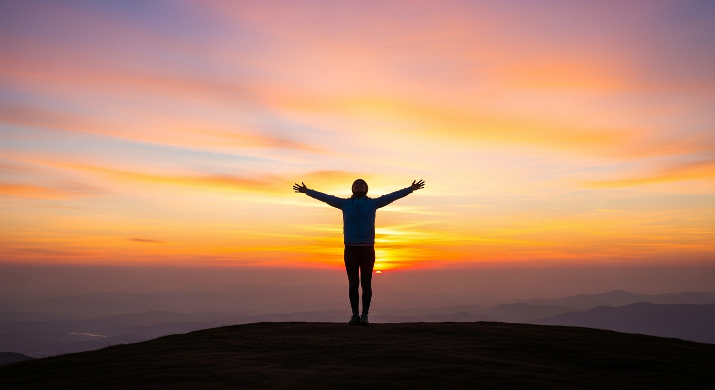 A person standing on a hilltop during sunrise, arms stretched upward, with a bright smile, symbolizing renewed energy and motivation, against a vibrant morning sky.