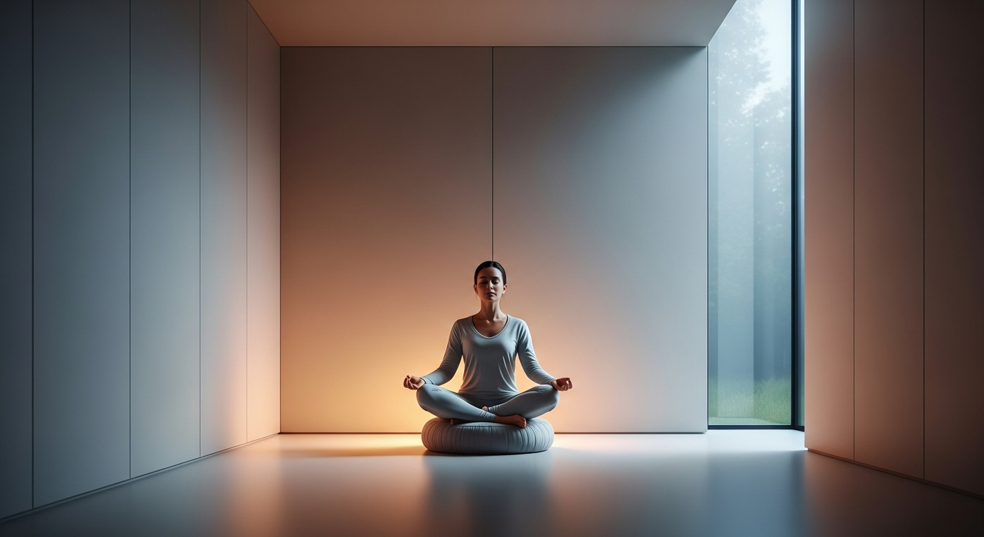 A serene modern meditation space illuminated with soft ambient light, featuring a person sitting cross-legged with closed eyes, surrounded by subtle soundwave patterns emanating outwards, creating a calming atmosphere.