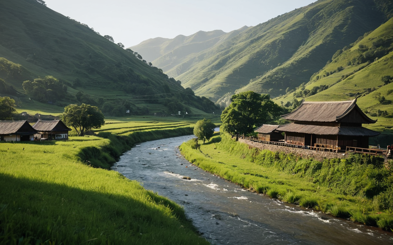 doğal yaşam A serene natural landscape with lush green hills and a calm river flowing through a valley, bathed in soft morning sunlight, evoking peace and tranquility, no text or people