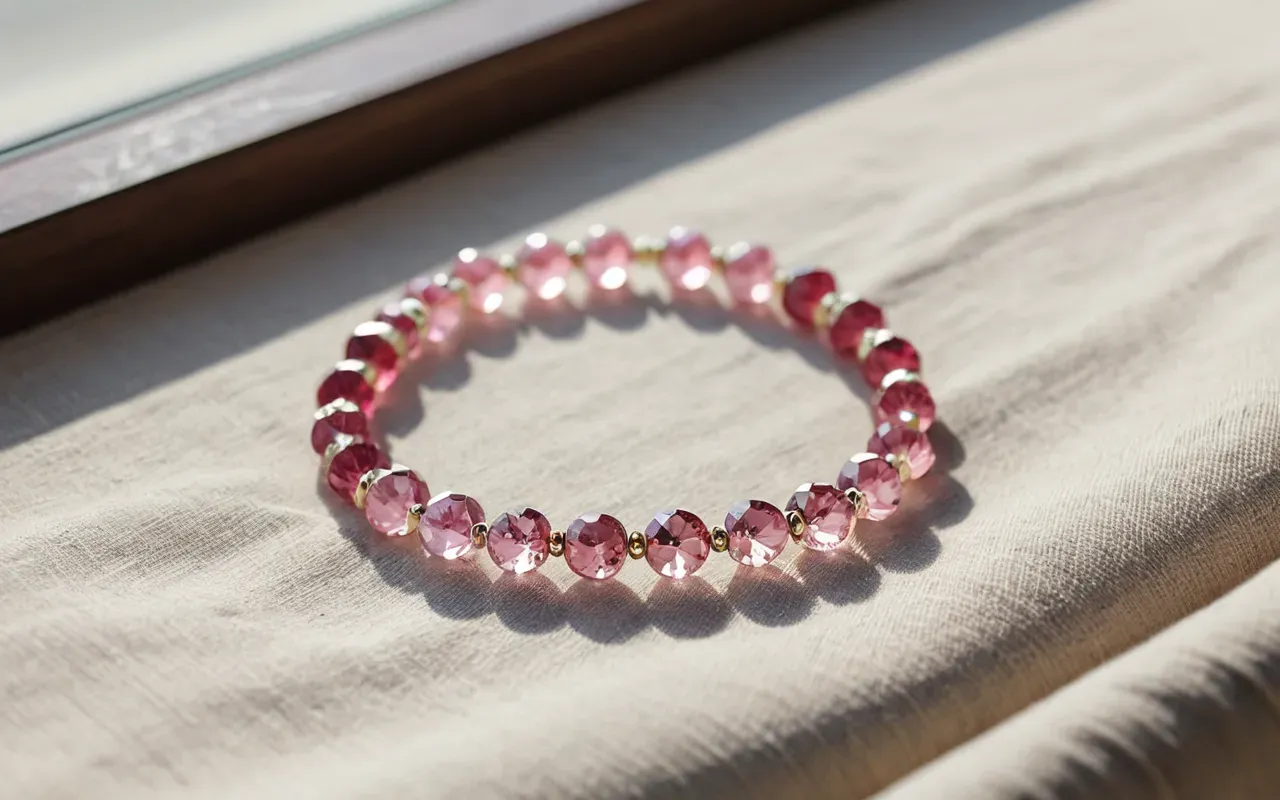 rose kuvars kristal A soft-focus photograph of a delicate pink crystal bracelet resting on smooth neutral-colored fabric in natural daylight. The scene evokes calmness and tranquility with subtle light reflections on the stones.