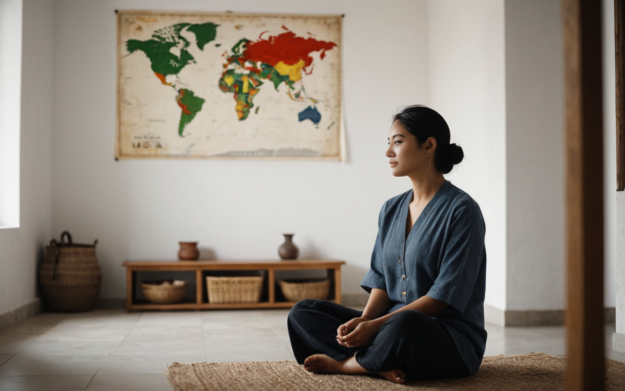 iç huzur A woman sitting peacefully in a modern minimalist room with soft natural light, practicing mindfulness, surrounded by calm and serene atmosphere, no text or clutter