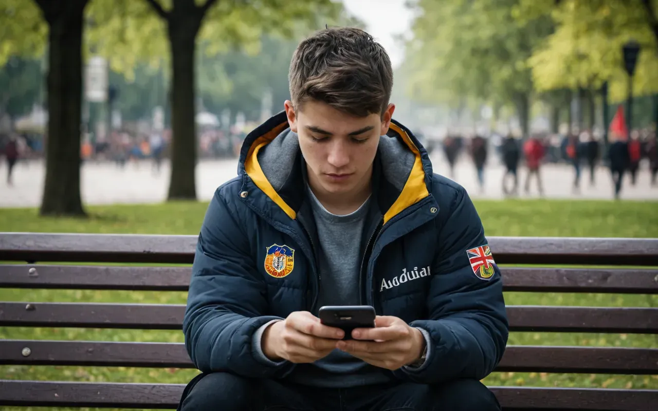 teknoloji bağımlılığı A young person sitting on a park bench, looking at their smartphone with a slightly stressed expression. In the background, other people are walking or sitting, some reading physical books. The scene is in a modern urban park with green trees and concrete paths. The lighting suggests late afternoon. Neutral, realistic style.