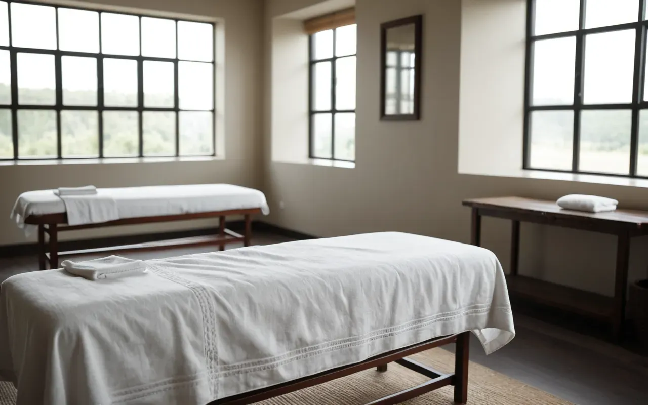 enerji şifası ortamı A calm and modern therapy room with soft natural light streaming through large windows. A person lies peacefully on a raised massage table covered in white linens. The atmosphere is serene and professional.