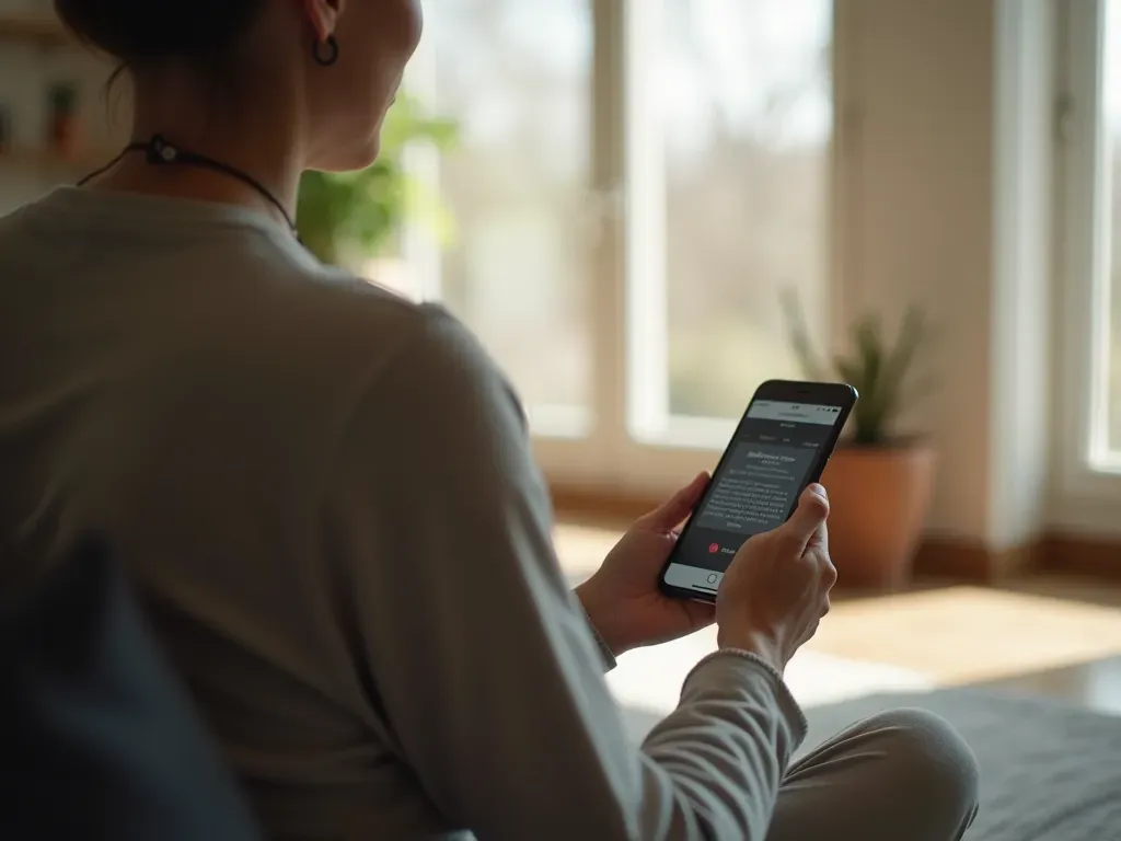 dijital meditasyon rehberi ortamı A calm individual using a smartphone to follow guided meditation instructions in a minimalist modern living room with soft natural light.