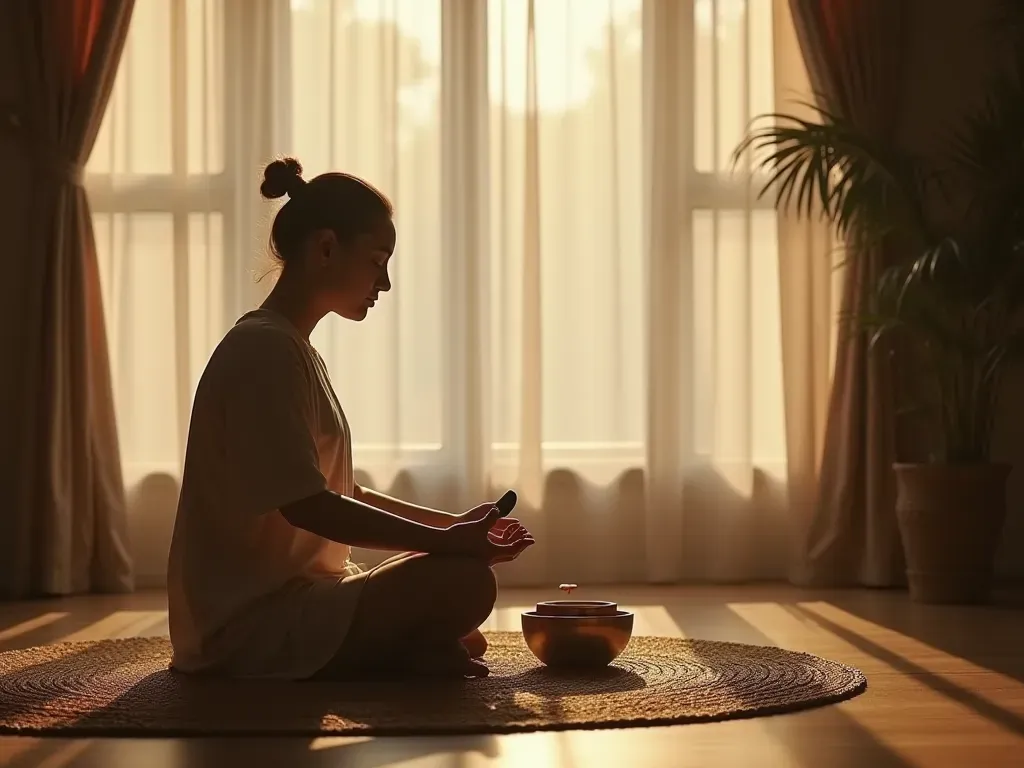 singing bowls therapy A calm indoor setting with soft natural light filtering through sheer curtains, a person sitting cross-legged on a woven mat holding smooth singing bowls, gentle shadows on wooden floor, minimalist background, warm earthy tones, peaceful atmosphere