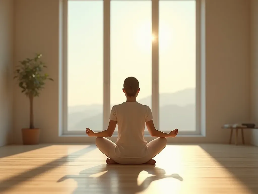 iç huzur A calm person sitting cross-legged on a wooden floor in a bright minimalist room, soft morning light streaming through large windows, holding a smooth stone, peaceful atmosphere, natural textures, no text or signs