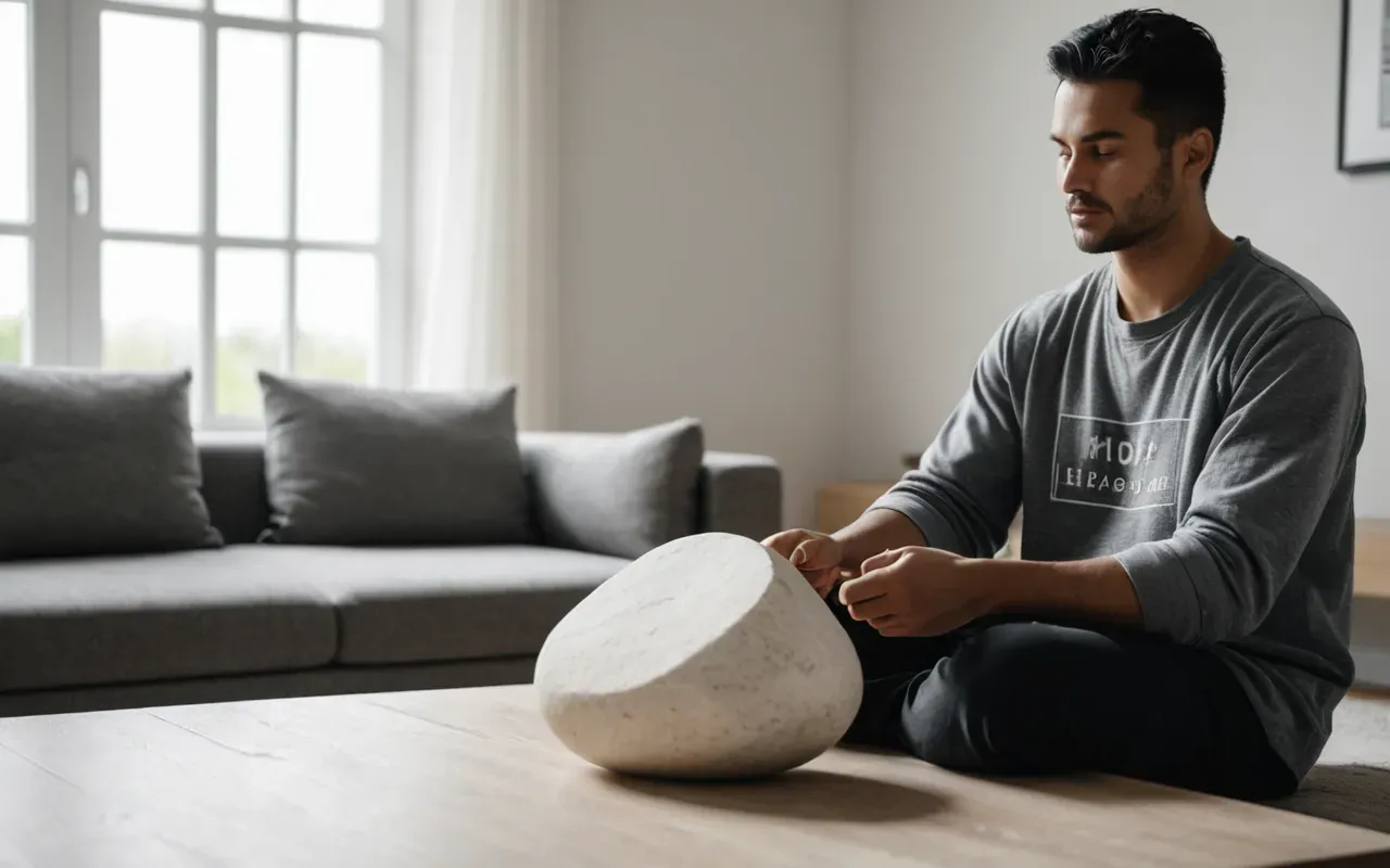 A calm person sitting in a modern minimalist living room with soft natural light from large windows, holding a smooth white stone, wearing neutral comfortable clothes.