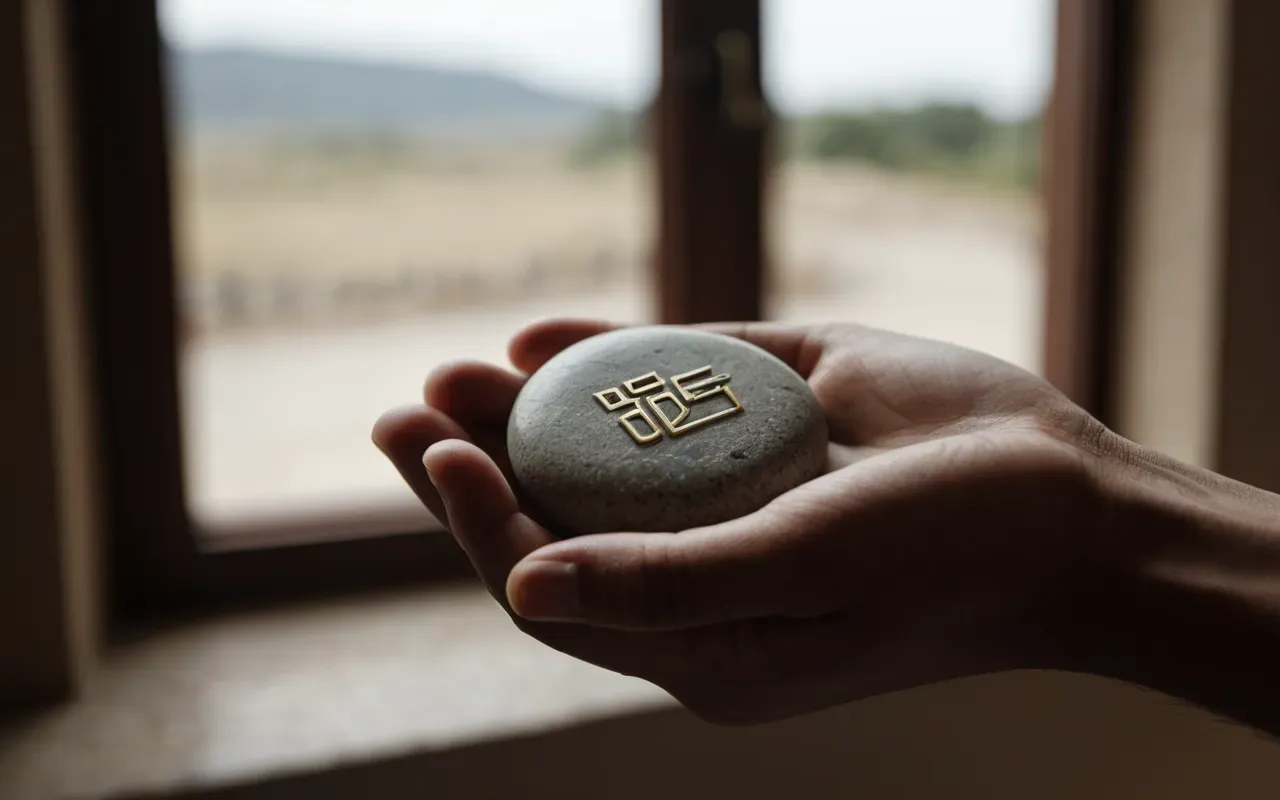 içsel denge aracı A close-up of a hand holding a small, smooth stone in a calm indoor setting with soft natural light coming from a window. The background is blurred and neutral.