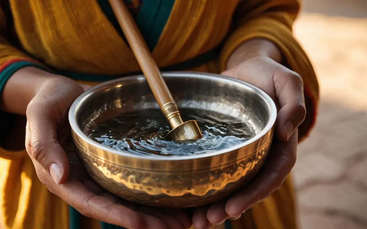 su ve titreşim metaforu A close up of a person's hands holding a singing bowl filled with water, showing gentle ripples on the surface in warm golden light, symbolizing inner peace and calm.
