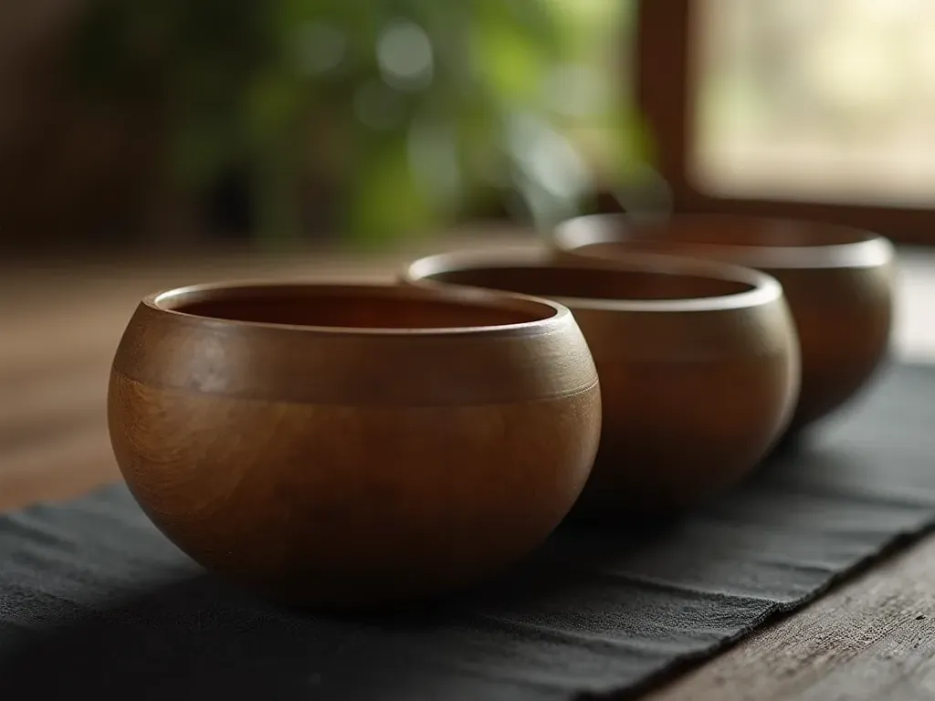 titreşim terapisi A close up of smooth wooden singing bowls on a dark mat, soft natural lighting from the side, gentle shadows, tranquil mood, no text or labels visible