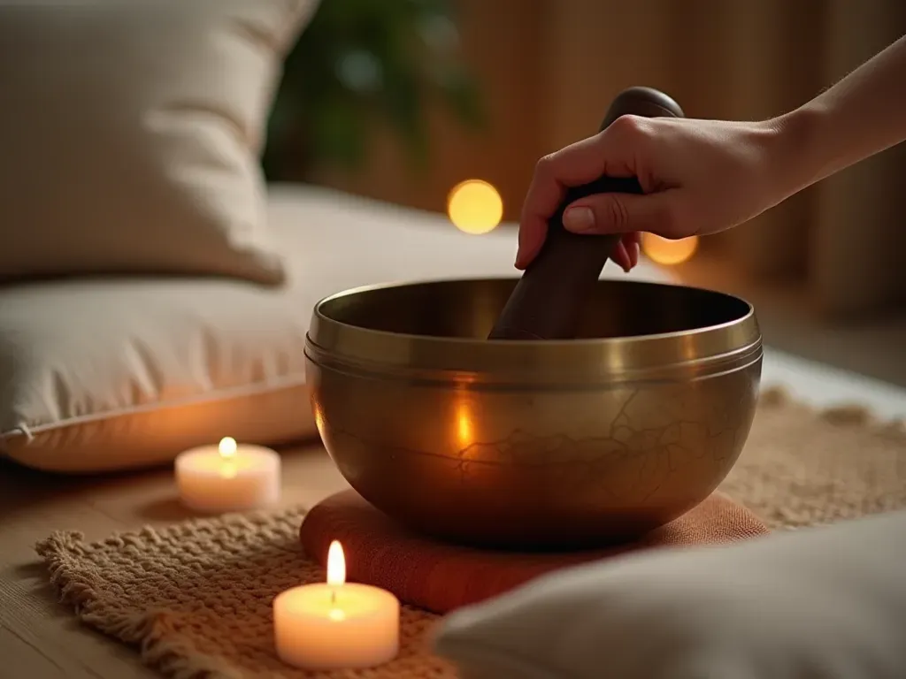 kristal şarkı kapağı A close-up shot of a hand gently holding the mallet above a crystal singing bowl on a wooden table surrounded by soft cushions and aromatic candles creating an inviting wellness atmosphere.