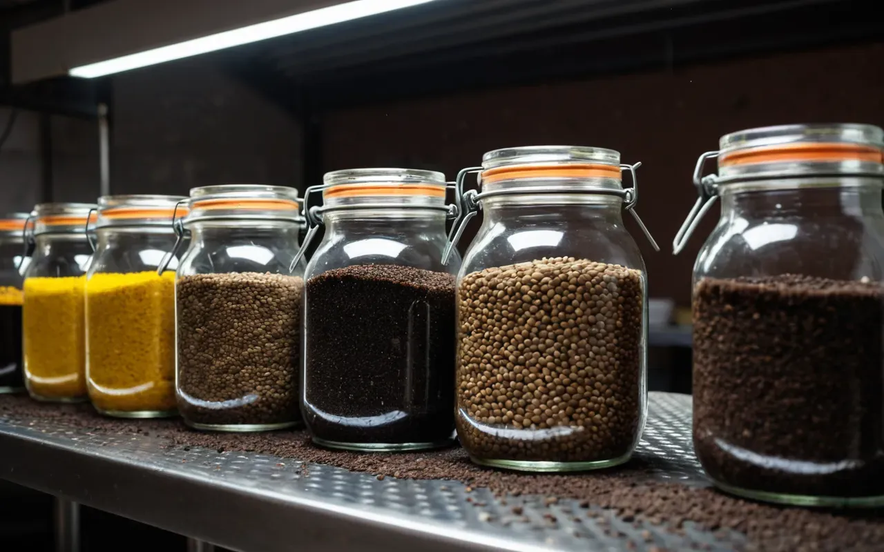 A close-up shot of clear glass jars filled with soaked brown lentils and dark soil, sitting on a metal table under bright fluorescent light. A pair of gloved hands is carefully arranging the jars in rows.