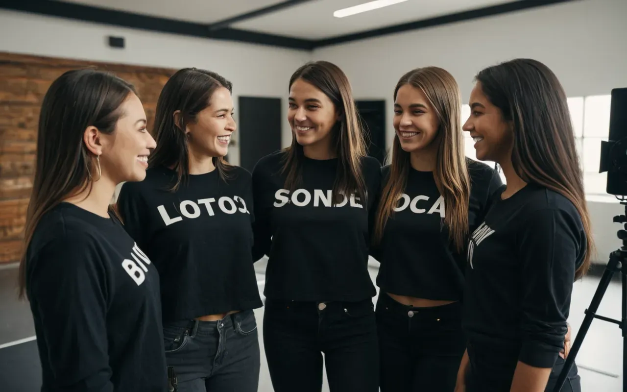 A close-up shot of five young women standing in a circle in a modern recording studio. They are wearing casual black outfits and smiling naturally at each other. Warm ambient lighting creates a cozy atmosphere. Acoustic panels cover the walls behind them.