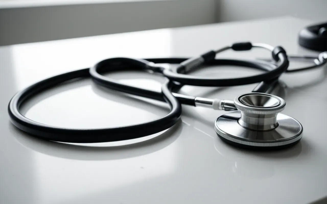 A close-up view of a stethoscope resting on a clean white medical desk. Soft blurred background suggests a modern clinic setting.