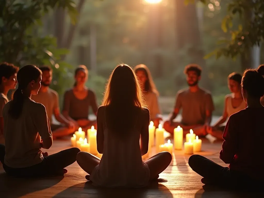 A group of diverse individuals sitting in a circle during a meditation session. Soft candles are placed around them creating a warm inviting ambiance. One person is gently ringing small hand chimes while others have their eyes closed experiencing deep relaxation.