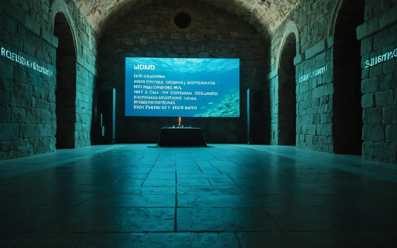 görsel ses terapis A modern sound healing session taking place in a spacious stone hall with ambient blue and green lights projecting onto the walls, creating a calm underwater effect for meditating participants.