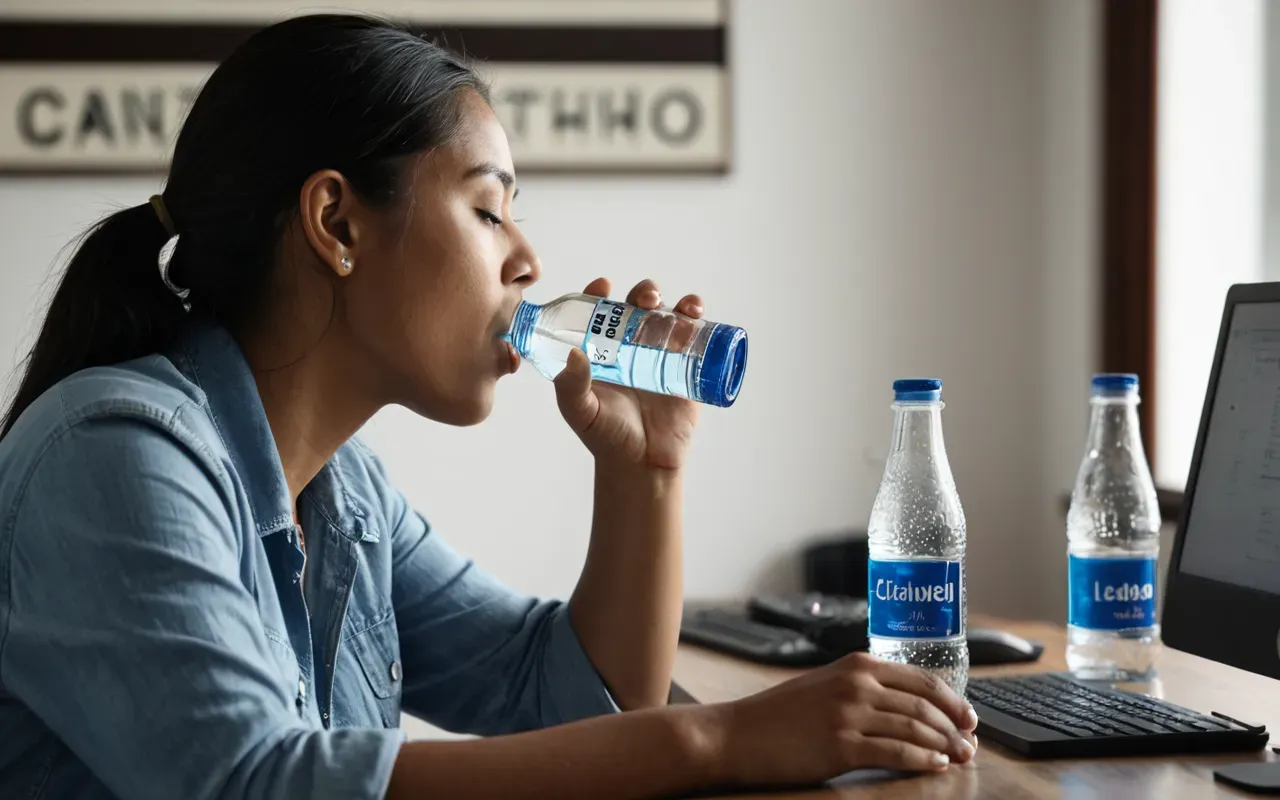 A person drinking water from a clear glass bottle while sitting at a simple desk. The lighting is bright and clean.