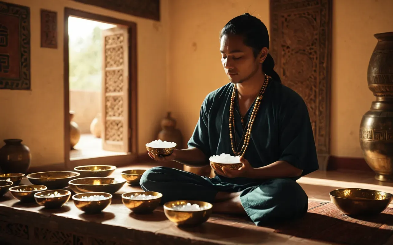 ruhsal denge pratikleri A person meditating in a serene room with soft golden light, holding crystal bowls and gongs around them, embodying deep relaxation and spiritual balance.