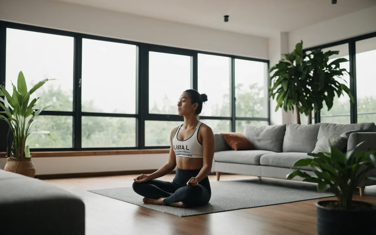 A person practicing slow deep breathing exercises in a modern living room with large windows and indoor plants, soft daylight creating a serene and calming environment.