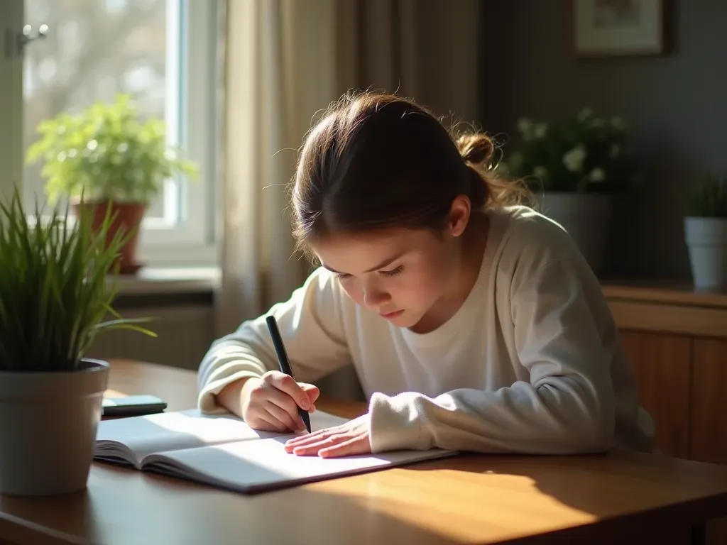 günlük motivasyon teknikleri A person sitting at a clean wooden desk writing in a notebook with natural light from the side and creating a focused calm workspace.