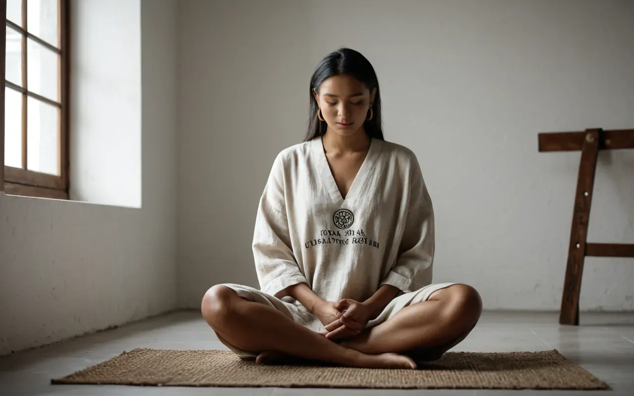 A person sitting cross-legged in a modern minimalist room with soft natural light, eyes closed, hands resting on knees, wearing neutral linen clothing, calm and peaceful atmosphere.
