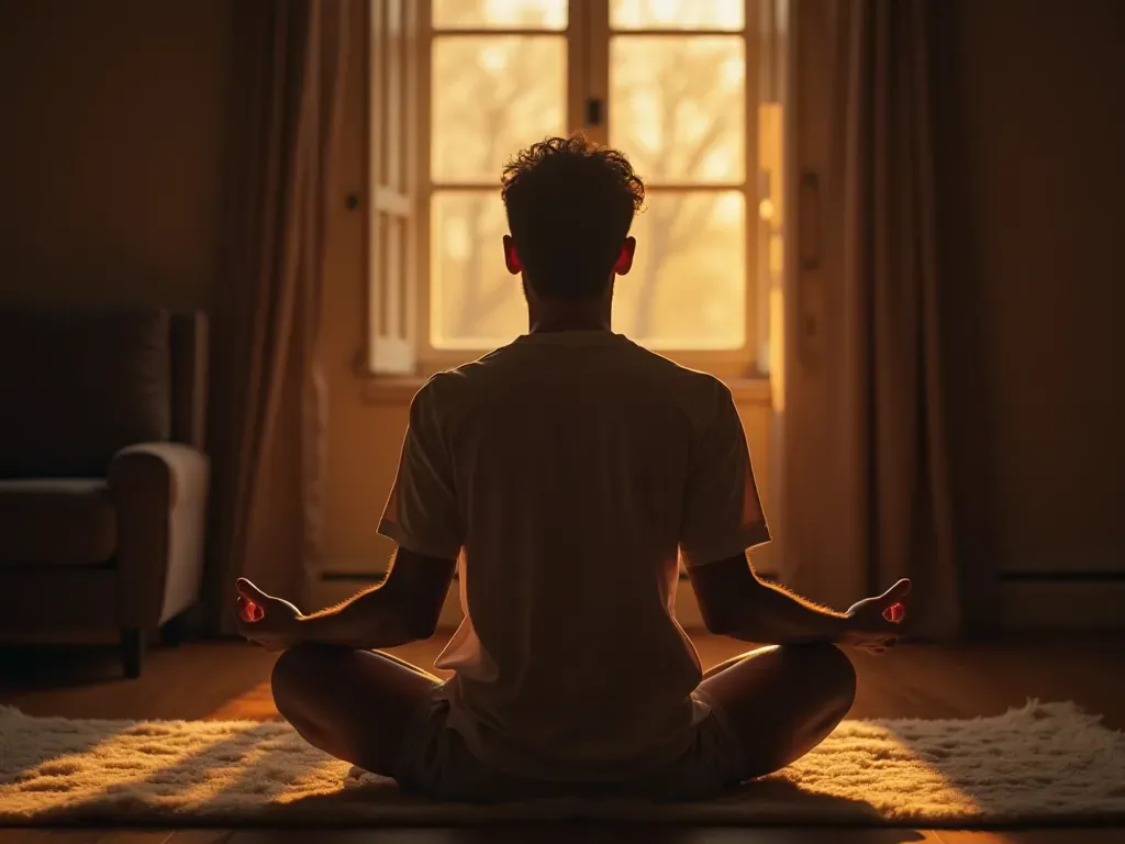 enerji şifa meditasyonu sahnesi A person sitting cross-legged on a soft rug in a dimly lit room with warm ambient lighting and closed eyes focusing on breathing.