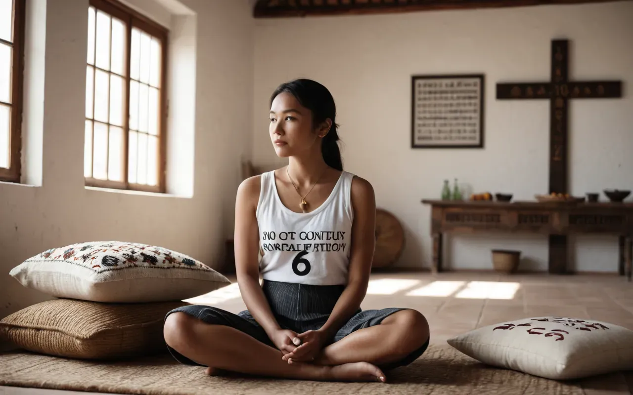 zihinsel berraklık aracı A person sitting cross-legged on a soft cushion in a bright, airy room. The lighting is gentle and the scene conveys a sense of peace and mental clarity.