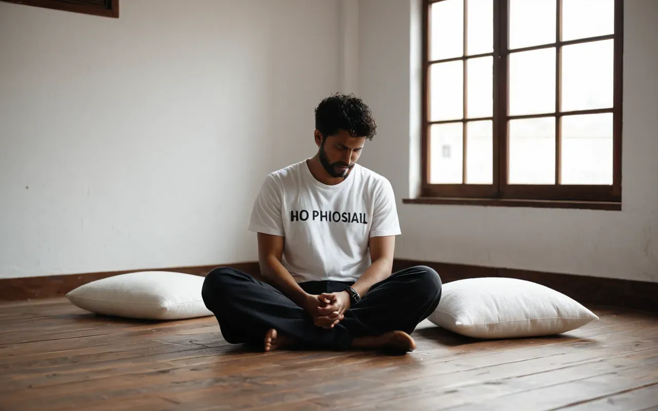 A person sitting cross-legged on a wooden floor in a minimalist room with soft natural light from a large window. A simple white cushion is visible. The atmosphere is calm and focused.