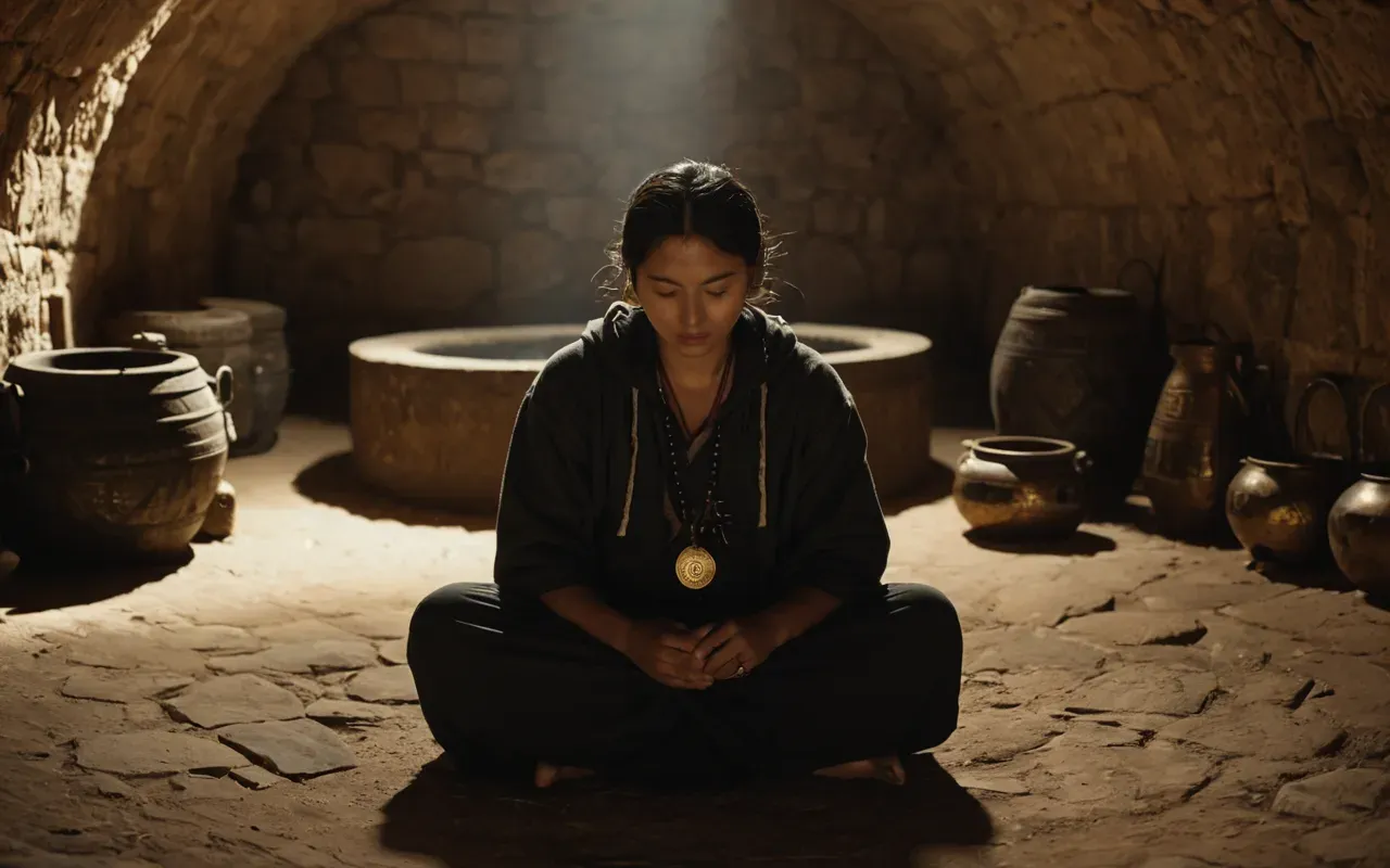 ses şifası deneyimi A person sitting in a circle with eyes closed in a dimly lit underground stone cistern, surrounded by soft ambient light and musical instruments like gongs and singing bowls.