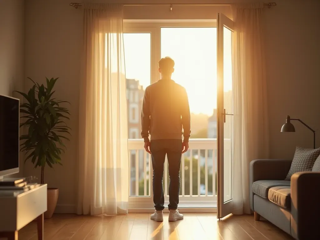 motivasyon artırma teknikleri A person standing in a bright modern living room looking at an open window with soft morning light streaming in and creating a calm atmosphere.