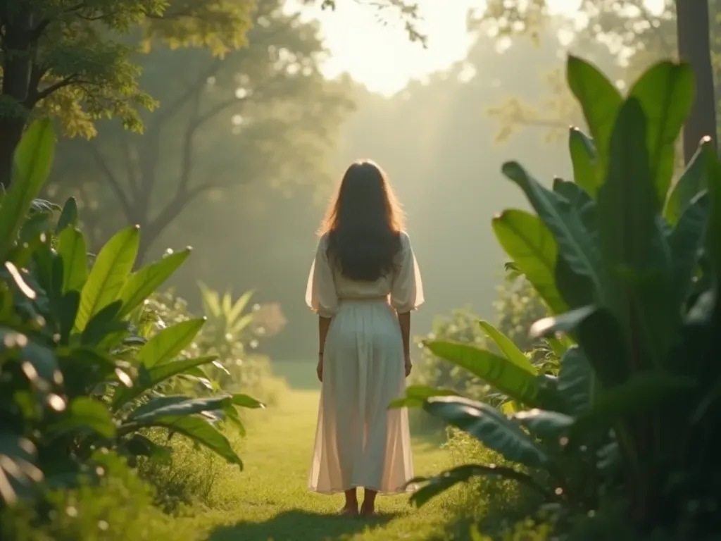 kalıcı motivasyon A person standing in a peaceful garden with soft natural light and green plants creating a calm and balanced atmosphere.