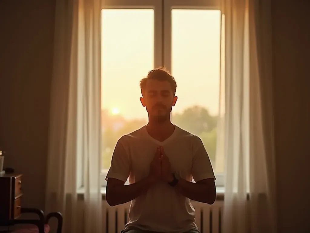 kalp çakrası meditasyon ışığı A person standing near a window with soft morning light entering the room while holding their hands in a meditative gesture over the heart area.