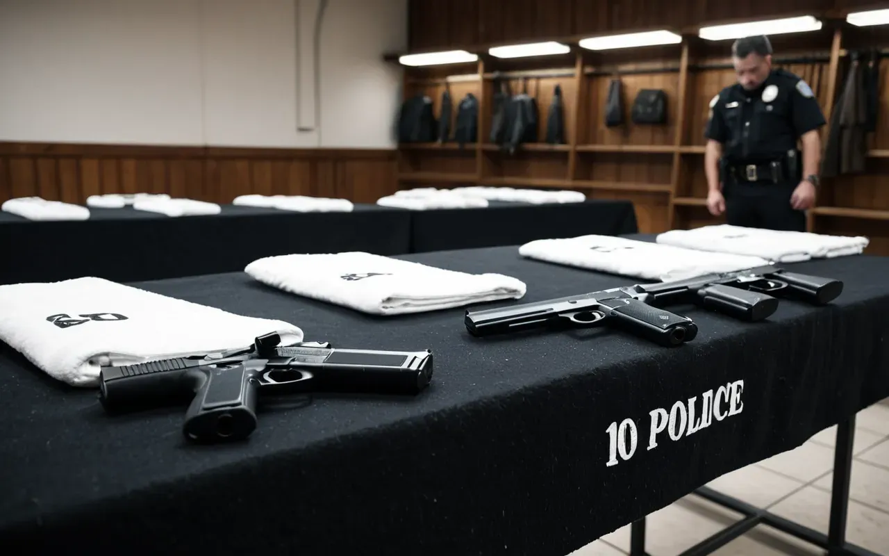 A police evidence table covered in a black cloth displaying several handguns and shotguns arranged neatly next to white bags of powder. The lighting is harsh and clinical.