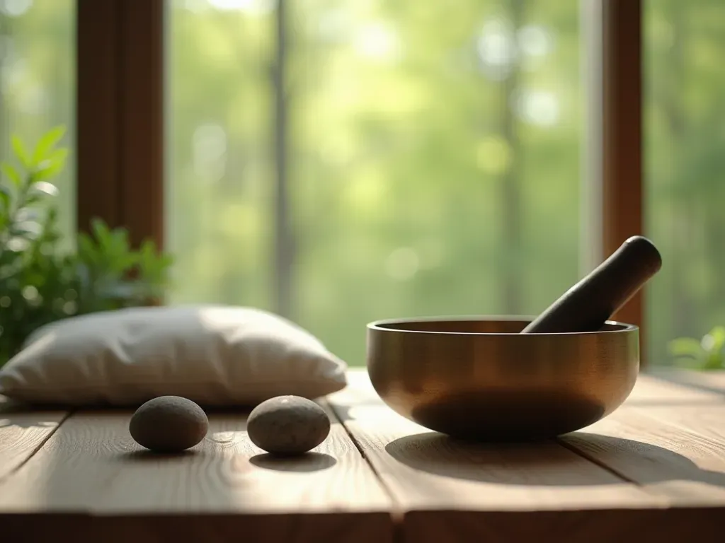 meditation space A quiet modern room with large windows overlooking green trees, a wooden table holding smooth stone singing bowls and a soft meditation cushion, morning sunlight casting long shadows, clean minimalist decor, tranquil mood