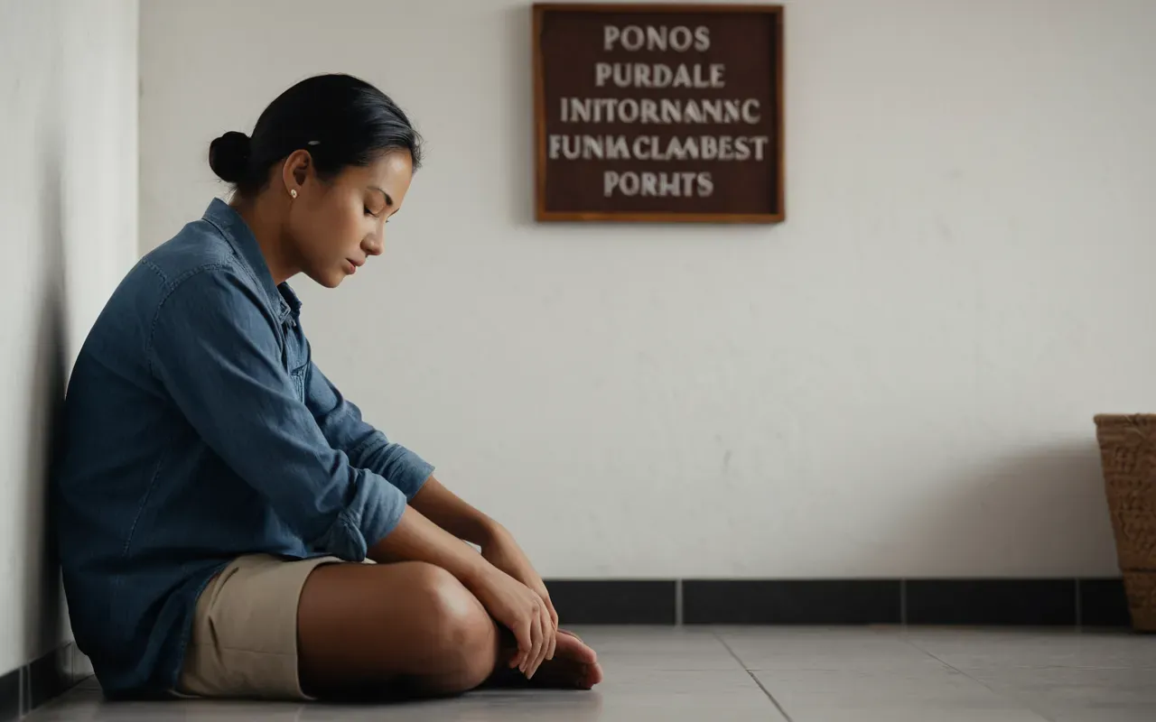 iç huzur ve denge arayışı A serene individual sitting in a modern minimalist room with eyes closed and hands resting gently on their knees. The soft ambient lighting highlights the peaceful expression and relaxed posture.