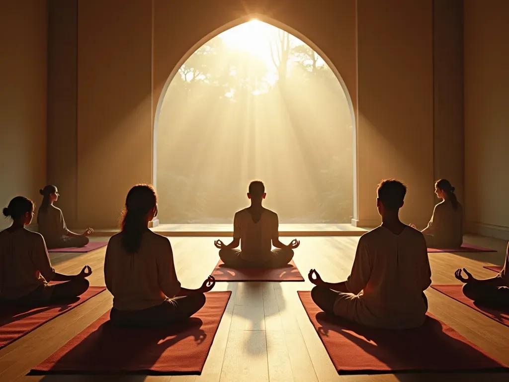 A serene indoor meditation space with soft lighting. Several people are lying comfortably on yoga mats with eyes closed. In the center, a musician plays large crystal singing bowls and gongs. The atmosphere is calm and peaceful, focusing on sound healing therapy.