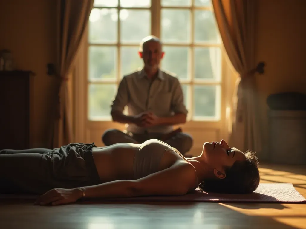 tibet çanı şifası A serene indoor setting with soft lighting where a person lies comfortably on a yoga mat in deep relaxation while another individual gently strikes a Tibetan singing bowl nearby. The atmosphere is calm and peaceful, emphasizing tranquility.