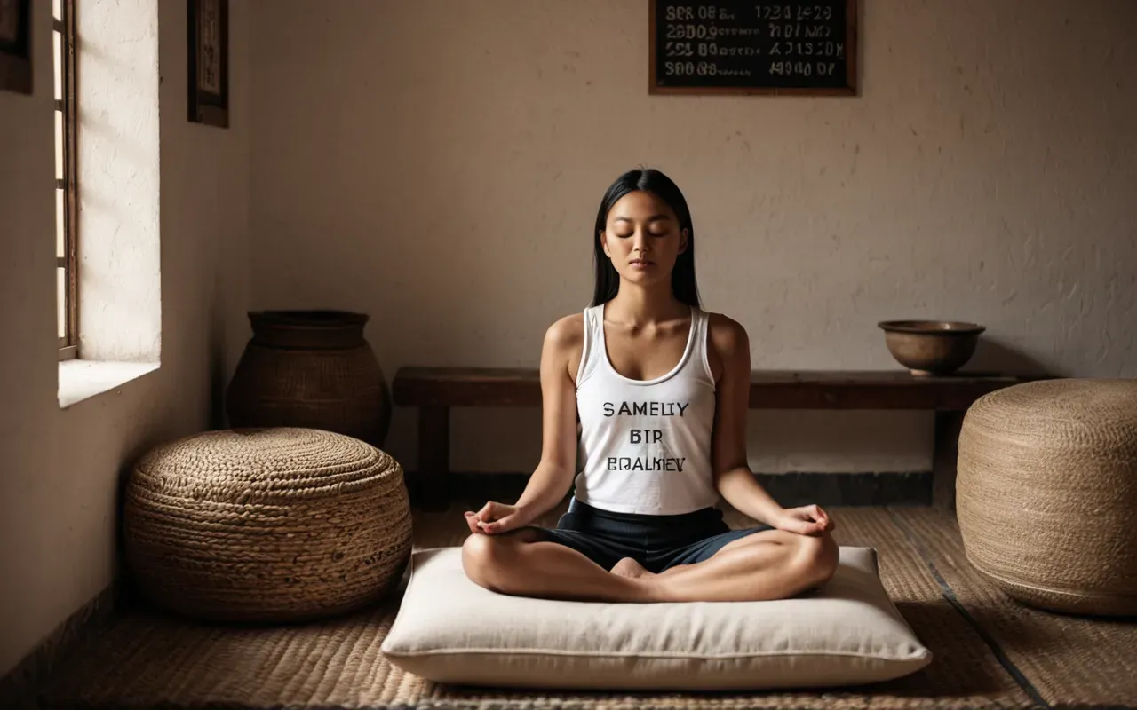 A serene meditation space with a person sitting cross-legged on a cushion, eyes closed, surrounded by soft ambient lighting and neutral tones.