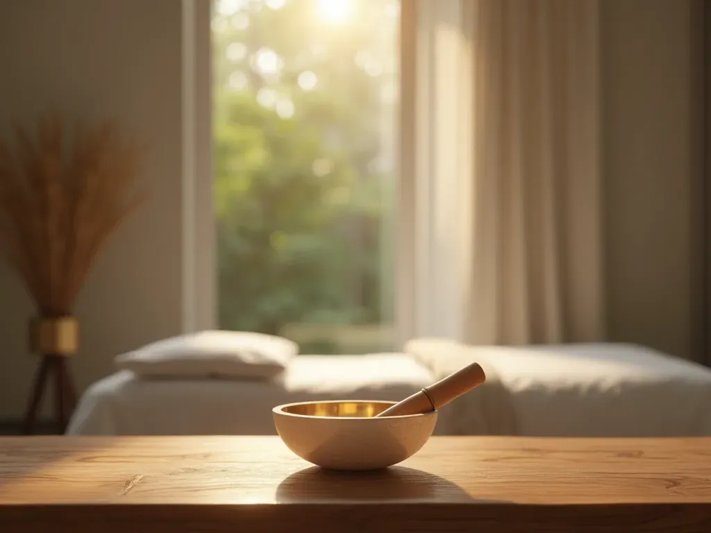 A serene modern therapy room with soft ambient lighting and a single crystal singing bowl placed on a wooden table. The background features blurred abstract shapes representing sound waves in gentle blue tones. No text or words are visible.