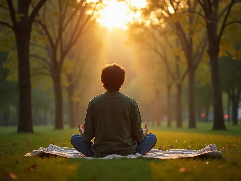 doğada meditasyon sesi A tranquil outdoor park scene at dawn with soft sunlight filtering through trees. A person sits cross-legged on a blanket listening to ambient nature sounds using wireless earphones.