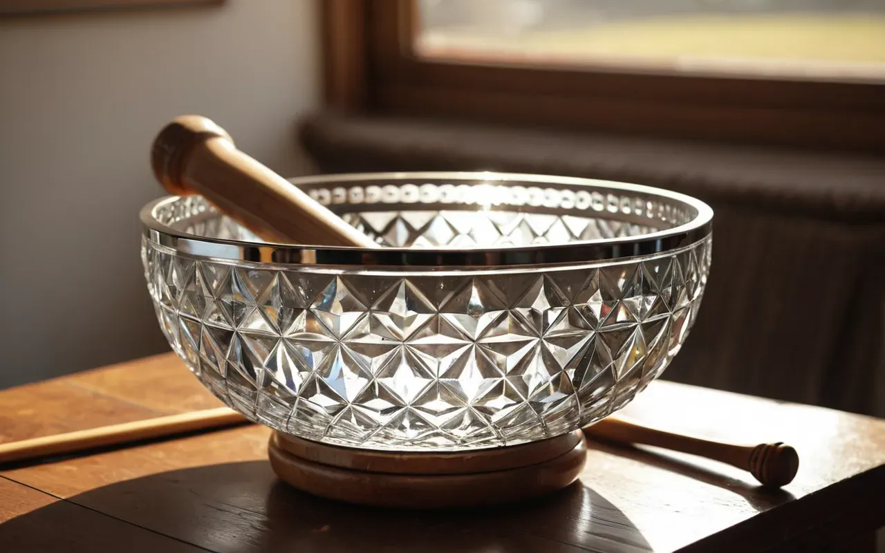 Close-up of a crystal singing bowl with mallet resting on the rim, placed on a wooden table in a bright sunlit room, soft shadows and warm neutral tones.