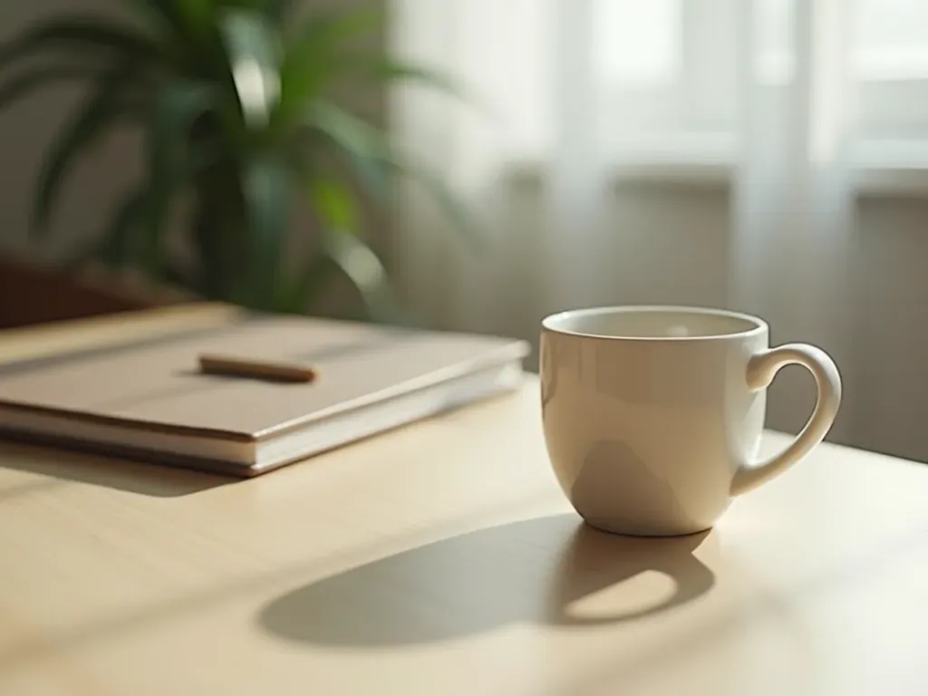 şifa enerjisi çalışma alanı Close-up of a modern minimalist workspace with a ceramic mug and a notebook on a light wood desk, soft natural daylight from the side window, editorial photography style