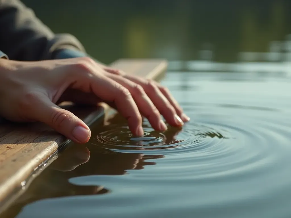 Close-up of a person's hand resting on a smooth wooden surface with gentle ripples in clear water nearby, symbolizing sound waves and physical resonance. Soft natural light from the side creates a calm atmosphere.