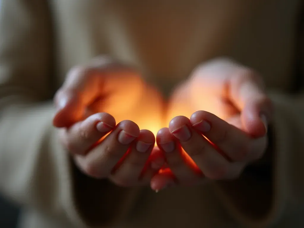 enerji akışı Close-up of a person's hands cupping gently in front of their chest with soft warm lighting highlighting the palms and fingers against a blurred neutral background suggesting inner warmth and energy flow without any text or symbols visible on skin.