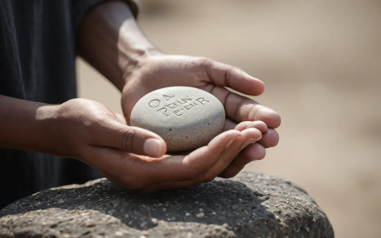 Close-up of a person's hands gently holding a smooth stone in natural daylight, shallow depth of field, neutral background tones, calm meditative mood