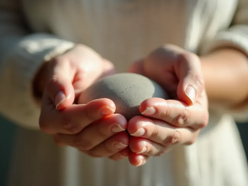 Close-up of hands gently holding a smooth stone with soft natural light and clean background, evoking calmness and mindfulness in a minimalist setting