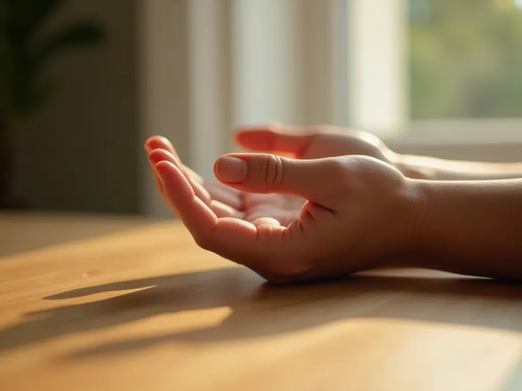 Close-up of hands gently placed on a smooth wooden surface with soft natural light, creating a serene and meditative mood in an uncluttered modern space
